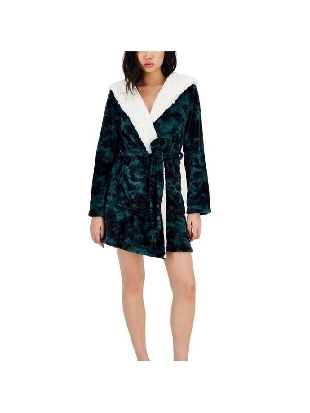 NEW-Jenni June Bug TieDye,Green,Cozy,SuperSoft, Pockets,Short Sherpa Hooded Robe